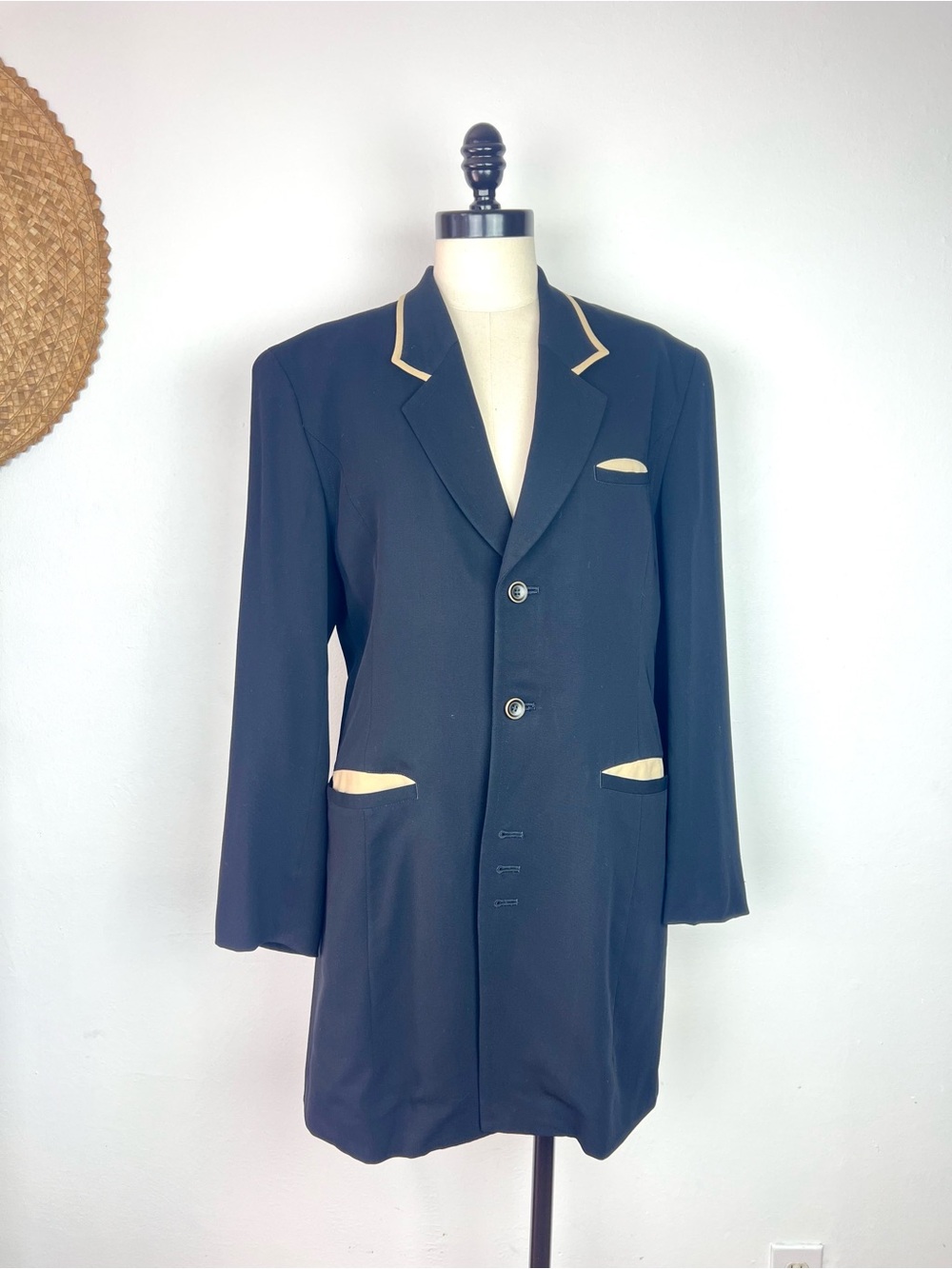 Nicole Matsuda 90s Navy Jacket with Cream Trim - Women’s Tailored Long Blazer M